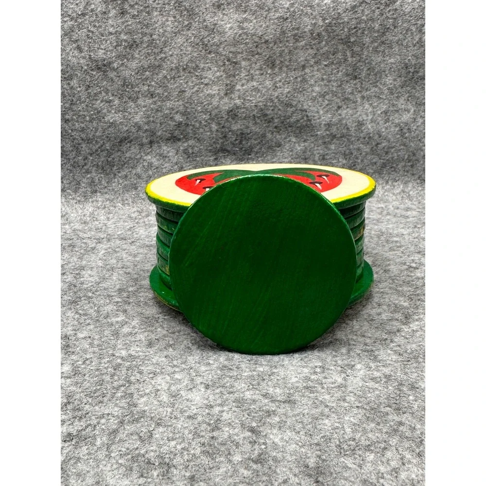 Vintage Strawberry Wooden Coaster Set with Holder Hand Painted Folk Art 7pc